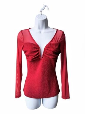 Vizio Red Long Sleeve Deep V Plunge Stretchy Sparkly Blouse Mesh Sleeves S